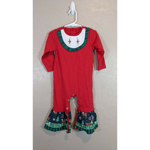 NWOT Ricrac & Ruffle 18M Red Reindeer Holly Bibbed Sept 2021 Christmas Romper